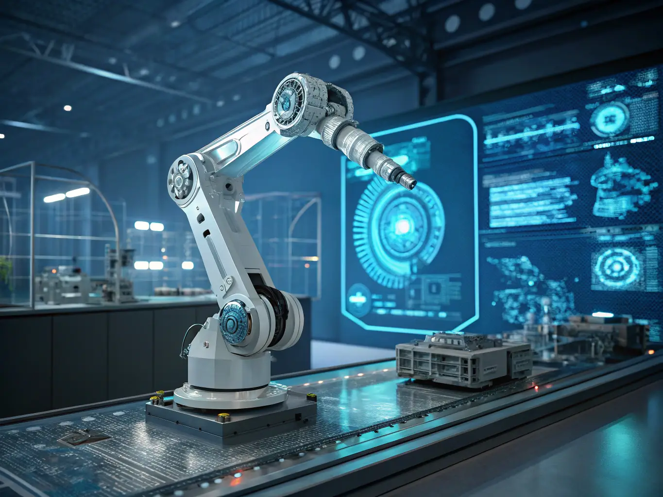 A digital illustration depicting a robotic arm automating a series of tasks on a computer screen, symbolizing the efficiency and precision of automated processes in a business setting.
