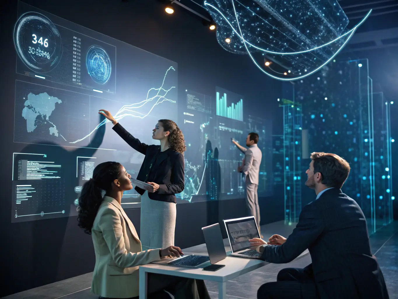 A graphic showing a diverse group of business professionals collaborating around a holographic display showcasing AI-powered analytics and automation tools, set in a modern office environment.