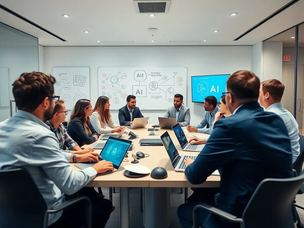 A group of business owners participating in a hands-on workshop, learning how to use AI tools for marketing and customer management, in a collaborative environment.